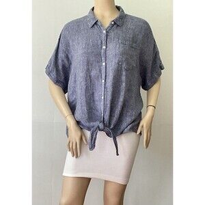 LANDS' END (Size XL/18) 100% Linen Light Blue  Button Down Short Sleeve Shirt
